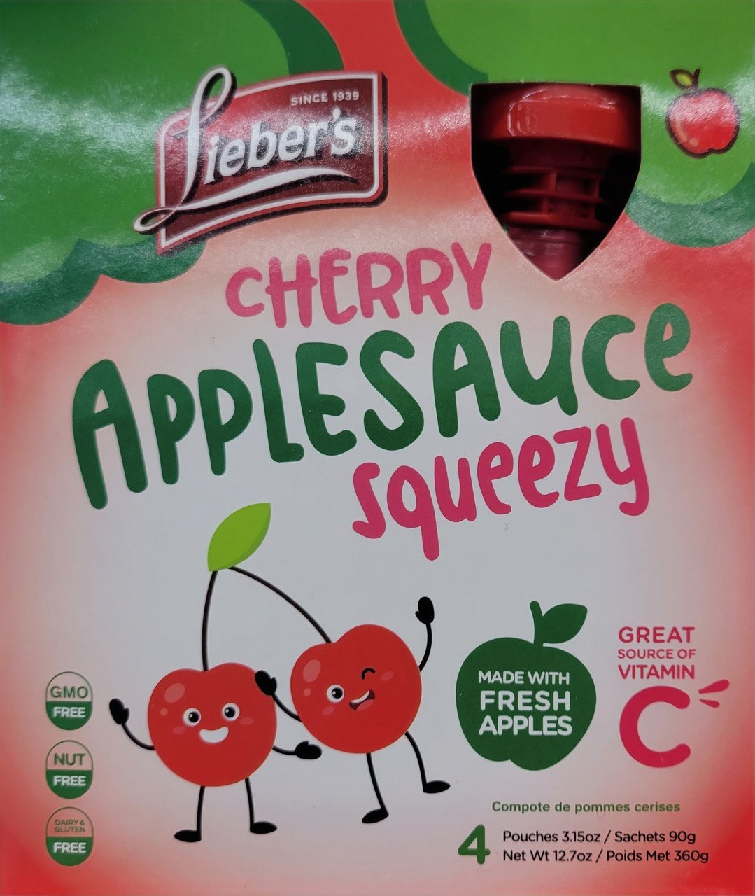 Apple☆ ジュネス　リザーブ　4箱 Lieber's Cherry Applesauce Squeezy Pouches, Kosher for Passover, 4