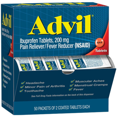 Advil Ibuprofen Tablets 200mg, Pain Reliever & Fever Reducer, 50 Packets of 2 Coated Tablets