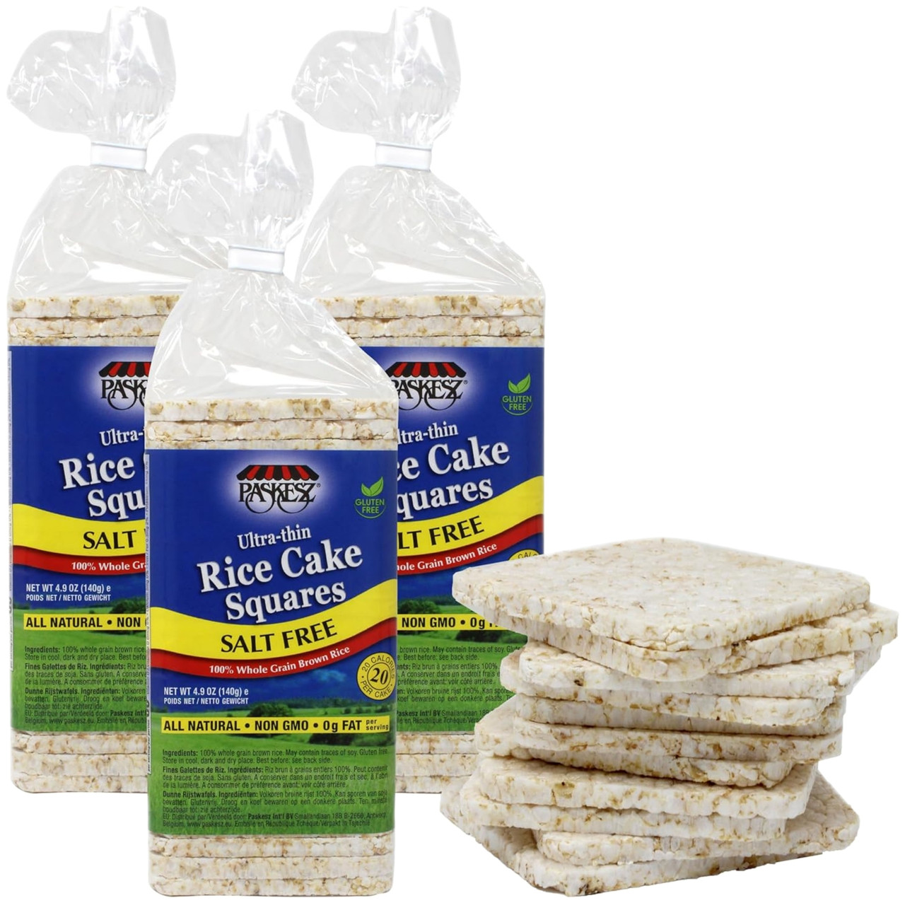 Paskesz Ultra Thin Rice Cake Squares, Salt Free, Whole Grain Brown