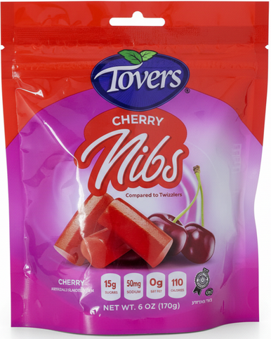 Tovers Cherry Nibs, Cherry Flavored Chewy Candy, Kosher Certified, Resealable Bag, 6 oz