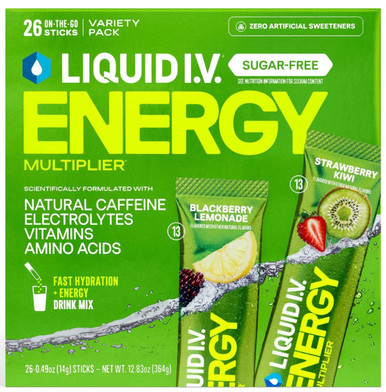 Liquid I.V. Energy Multiplier Sugar-Free Drink Mix, Strawberry Kiwi and Blackberry Lemonade Variety Pack, Natural Caffeine, Electrolytes, Vitamins, 26 Count