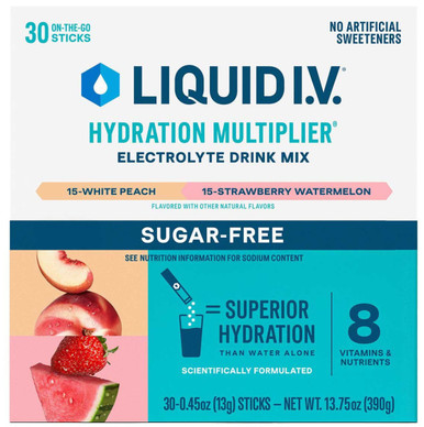Liquid I.V. Hydration Multiplier Sugar-Free Variety Pack, White Peach and Strawberry Watermelon, 30 Count