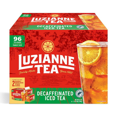 ﻿Luzianne Decaffeinated Iced Tea Bags, Family Size, 96 Count, Orange Pekoe and Pekoe Cut Black Tea, Zero Calories, Individually Wrapped