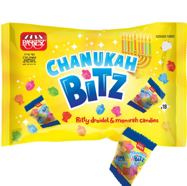 Paskesz Chanukah Bitz Kosher Hard Candy, Dreidel and Menorah Shaped, Assorted Fruit Flavored Holiday Treats, Multicolor Party Favors, 18 Count