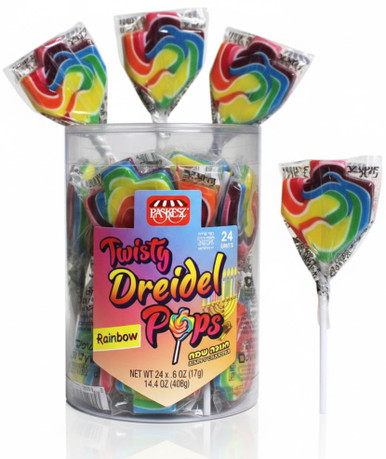 Paskesz Rainbow Dreidel Pops, Kosher Hanukkah Candy Lollipops, Kids Party Favors, 24 Count