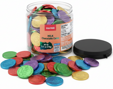 Carmit Milk Chocolate Coins, Multi-Color Hanukkah Gelt, Kosher Dairy, Individually Wrapped Holiday Candy, 7.41 oz Resealable Tub, 35 Pieces, Chalav Yisroel Certified