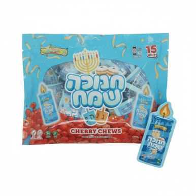 Hanukkah Cherry Chews, Kosher Parve Candy, 15 Count, Gluten Free, Nut Free, Festival of Lights Themed Candle Shaped Chewy Treats