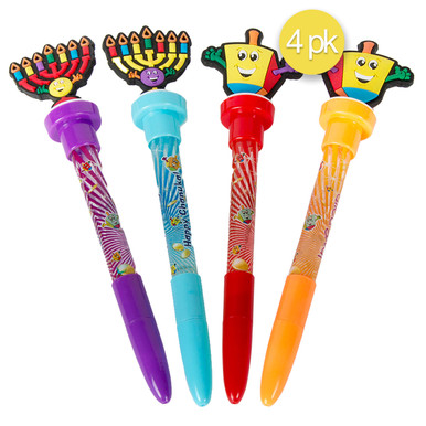 Hanukkah Multi-Function Pens with Light, Stamp and Bubbles, Holiday Party Favors, Dreidel and Menorah Toppers, Festival of Lights Themed Stationery Set, 4 Count