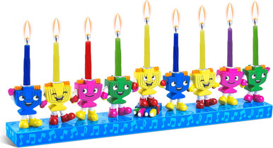 Ner Mitzvah Dancing Menorahs Chanukah Candle Holder, Hand Painted Resin, Multicolored, Kids Hanukkah Menorah with Musical Theme