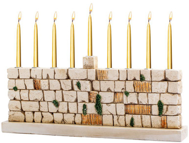 Ner Mitzvah Hand Painted Resin Kotel Menorah, Western Wall of Jerusalem Design, Hanukkah Candle Holder
