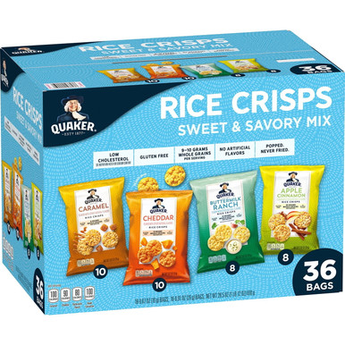 Quaker Rice Crisps Sweet & Savory Variety Pack, 4 Flavors, Caramel, Cheddar, Buttermilk Ranch, Apple Cinnamon, Gluten-Free, Whole Grain, 36 Count