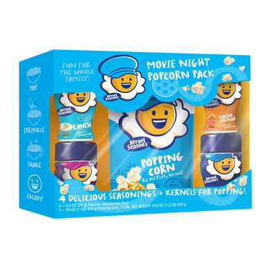 Kernel Season's Movie Night Popcorn Pack with 4 Seasonings and Popping Corn, White Cheddar, Nacho Cheddar, Kettle Corn, Ranch, Gluten-Free, 19.6 oz