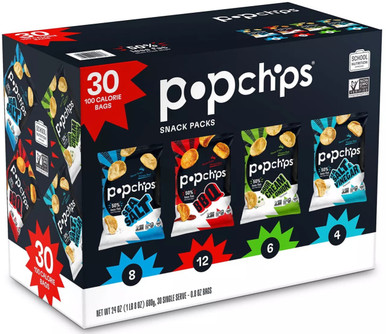 Popchips Variety Pack Potato Snacks, 30 Count 100-Calorie Bags, BBQ, Sea Salt, Sour Cream & Onion, Sea Salt & Vinegar