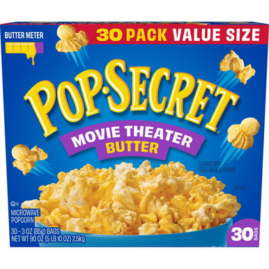 Pop Secret Movie Theater Butter Microwave Popcorn, 30 Pack Value Size, 100% Whole Grain Non-GMO Corn, 3 oz Bags, No Artificial Preservatives