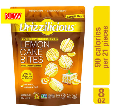 Drizzilicious Lemon Cake Bites, Mini Rice Cakes, Gluten Free, Vegan, 8 oz, with Chia, Quinoa and Flax, Low Calorie Snack