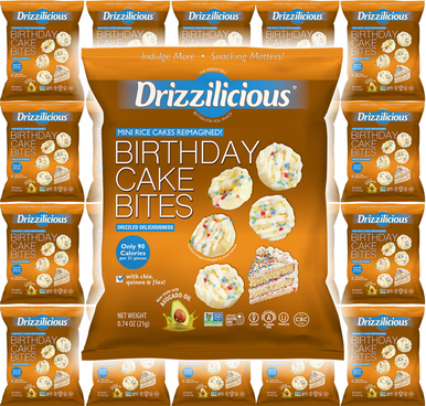 Drizzilicious Mini Rice Cakes Birthday Cake Bites, Gluten Free Vegan Snacks, Quinoa Chia Flax, 90 Calories, 0.74 oz, Pack
