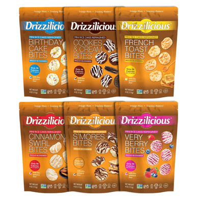 Drizzilicious Mini Rice Cakes Ultimate Variety Pack, 6 Flavors, Gluten-Free Vegan Snacks, Low Calorie with Quinoa Chia Flax, 4oz Bags, 6 Count