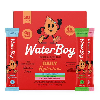 Waterboy Sugar-Free Electrolyte Drink Mix, Variety Pack, 30 Sticks, Blue Raspberry, Watermelon, Strawberry Lemonade, Zero Calorie, Keto Friendly, Vegan