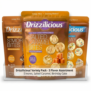Drizzilicious Mini Rice Cakes Variety Bundle, 3 Flavors Birthday Cake, S'mores, Salted Caramel, Gluten-Free, Vegan, 90 Calorie, 4 Ounce (Pack of 3)