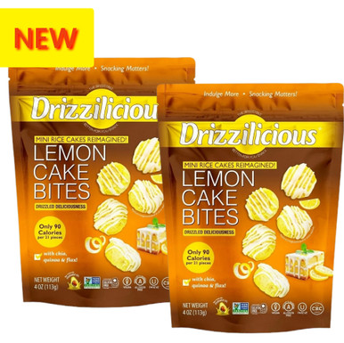 Drizzilicious Lemon Cake Bites, Mini Rice Cakes, Gluten Free, Vegan, 90 Calories, 4oz Resealable Pouch (Pack of 2)