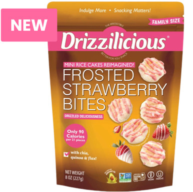 Drizzilicious Frosted Strawberry Bites Mini Rice Cakes, Gluten Free, Vegan, Non-GMO, Popped with Avocado Oil, Quinoa, Chia, Flax, 8 oz