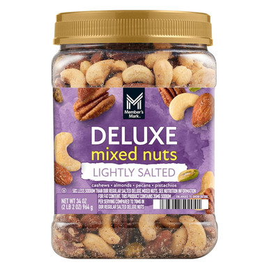 Member's Mark Lightly Salted Deluxe Mixed Nuts, Cashews Almonds Pecans Pistachios, 34 oz, Low Sodium