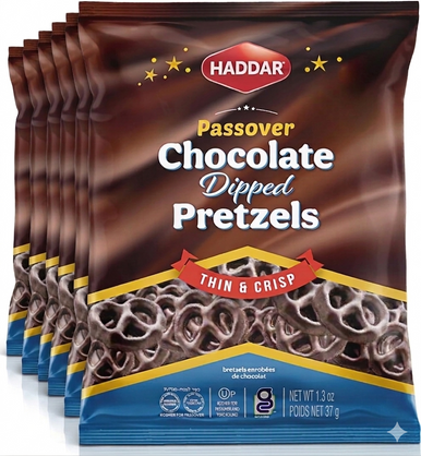 Haddar Chocolate Dipped Pretzels, Gluten-Free, Kosher for Passover, Thin & Crispy, 6 Individual Snack Bags, 1.3 oz