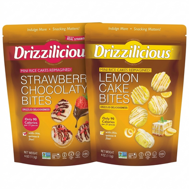 Drizzilicious Mini Rice Cakes Variety Pack - Strawberry Chocolatey & Lemon Cake Bites - Gluten Free, Vegan, Non-GMO Snacks with Quinoa, Chia & Flax - 90 Calories - 4 oz Bags (2 Pack)