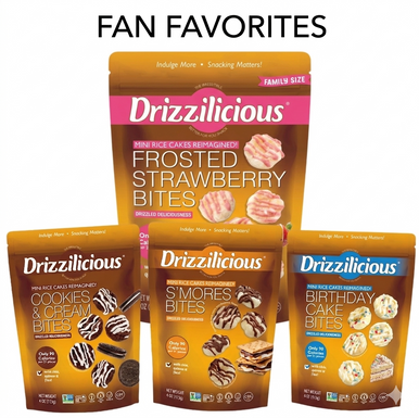 Drizzilicious Fan Favorites Mini Rice Cake Snack Variety Pack – Frosted Strawberry, Birthday Cake, S’mores & Cookies & Cream – Gluten-Free, Low Calorie, Kosher Sweet Snacks