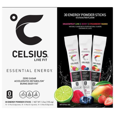 CELSIUS ON THE GO Energy Powder Sticks Variety Pack, 30 Count Zero Sugar, Metabolism Booster, Pre-Workout Drink Mix - Dragonfruit Lime, Berry, Strawberry Mango