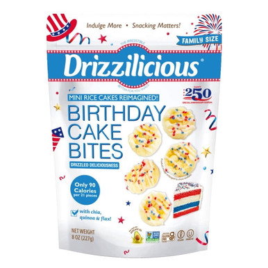 Drizzilicious USA 250 Birthday Cake Mini Rice Cakes, Limited Edition, Gluten-Free, Vegan, 8 oz Resealable Pouch, with Quinoa, Chia & Flax