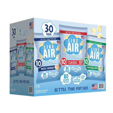 Like Air Puffcorn Variety Pack, 30 Bags, White Cheddar, Classic & Sour Cream and Onion, Gluten Free, Non-GMO, 80 Calories per Bag