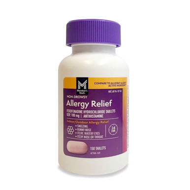 Member's Mark Non-Drowsy Allergy Relief, Fexofenadine HCl 180mg, 24-Hour Antihistamine for Hay Fever, Seasonal and Pet Allergy, Tablet, 150 Count