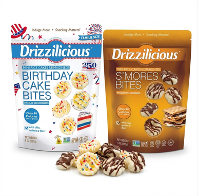 Drizzilicious USA 250 snack bundle featuring Birthday Cake and S’mores limited edition rice cake pouches.