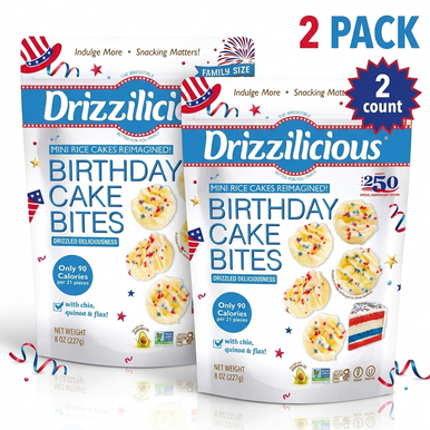 Drizzilicious USA 250 Birthday Cake Mini Rice Cakes, Limited Edition, Gluten-Free, Vegan, Non-GMO, with Quinoa, Chia and Flax, 8 oz Resealable Pouch, Pack of 2