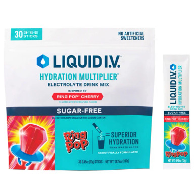 Liquid I.V. Hydration Multiplier Sugar-Free Ring Pop Cherry, Zero Sugar Electrolyte Powder, 3x Electrolytes, Keto Friendly, Vegan, Non-GMO, 30 Single-Serving Travel Sticks