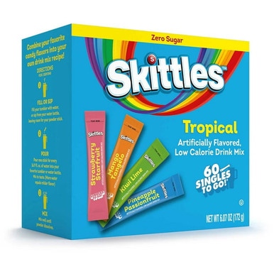 Skittles Tropical Artificially Flavored Low Calorie Drink Mix, Zero Sugar Singles To Go, 60 Count Pack