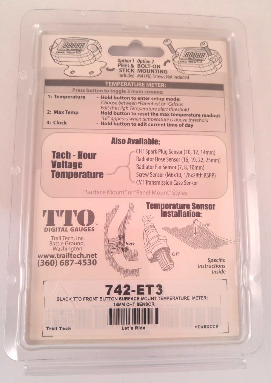 Trail Tech TTO Temperature Meter Digital Gauge 14mm Spark Plug Sensor 742-ET3