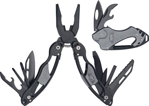 Includes one 4 1/4" closed, spring loaded, bluntnose pliers with wire cutters. Features black coated skeletonized aircraft grade aluminum handles with gun metal gray accents and UZI logo. All black coated stainless components including standard edge knife blade, small Phillips screwdriver, small flathead screwdriver, bottle and can opener, saw blade, medium screwdriver, awl and wood/metal file with large flathead screwdriver tip. Also includes one 3 1/4" closed keychain survival tool. Features gun metal gray aircraft grade aluminum handles with UZI logo and lanyard slot. All black coated stainless components including standard edge knife blade, bottle and can opener, small flathead screwdriver and small Phillips screwdriver. Black nylon belt sheath will hole multi-tool. Gift boxed with foamed formed insert.