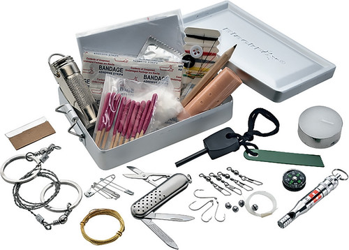 Dimensions: 5.5" x 3.5" x 1.25". Includes: Fire starter with striker; Emergency candle; Button compass; Emergency whistle; Fishing hooks, Small Swiss Army style knife; Safety pins; Fishing line; Small wire saw; Razor blades; Bandages; Small sewing kit; Match safe; Cotton balls; Notepad; Small pencil. Comes in metal storage box with O-ring seal.