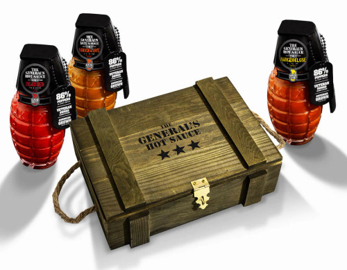 Now in this Awesome Ammo Box Set!
Dead Red- Made from Ripe Red Cayennes, classic all-purpose sauce, MEDIUM Heat
Hooah Jalapeno - Precisely aged, American grown jalapeno peppers. A versatile flavor MILD
Shock & Awe- This sauce is no joke. Sweet at first than count to five and habanero heat VERY HOT- 