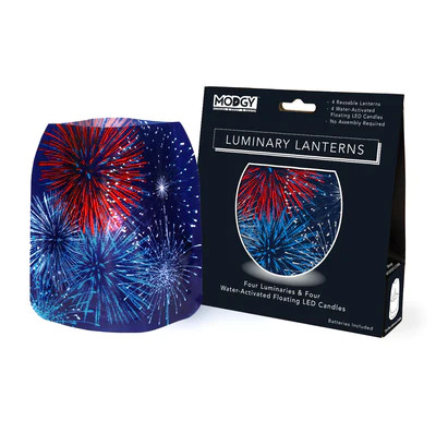 BOOMBOOM!  Great for July 4th!
$13.99
Includes: 4 Luminaries and 4 water-activated, floating LED candles. Batteries included.
Modgy Luminary Lanterns set the mood in any space with the addition of water and water-activated, floating LED candles. These durable, plastic luminaries feature modern, graphic designs and are suitable for indoor and outdoor use. Modgy luminaries compliment an elegant wedding, trendy dinner party or relaxed patio gathering and are also perfect for every day living. Modgy Luminary Lanterns will not break or chip and eliminate concerns about fire hazards due to the use of flameless, floating candles. 