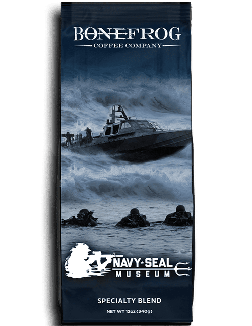 Bonefrog Coffee has proudly partnered with the Navy SEAL Museum to help preserve the history and heritage of the U.S. Navy SEALs and their predecessors. This blend has been developed to support their mission and honor the sacrifice of these great American heroes and their families.

This specialty blend has been handcrafted and developed with the discerning coffee drinker in mind, producing a complex and satisfying flavor profile. Full-bodied with rustic and earthy undertones. This blend shines with notes of sweet toffee, milk chocolate, and red fruit and finishes with a smooth, satisfying aftertaste.