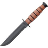 9.25" (23.5cm) overall. 5.25" (13.34cm) black powder coated partially serrated 1095HC steel clip point blade. Stacked leather handle. Carbon steel guard and pommel. USA tang stamp. Brown leather belt sheath.