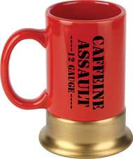 Ceramic construction with red and gold finish. Made to look like a shotgun shell. 13.5 oz capacity. Hand wash only. Boxed.