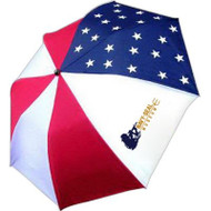 Don't let the rain ruin your patriotic plans! Show off your American spirit and Navy SEAL Museum pride while avoiding any unfriendly weather conditions, and even getting some shading relief at summer parades. Featuring a striking red-white-blue design, this umbrella has an automatic opening, generous 42" canopy arc, a matte black handle and folds down to 15" long when not in use. A matching fabric case with shoulder strap is also included. 
NOTE:  Museum Logo is in white letters on red section