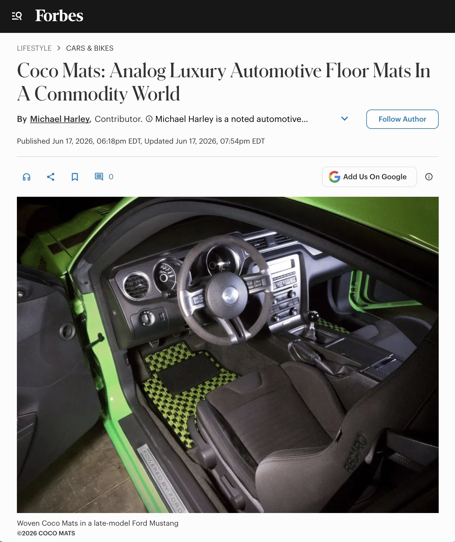 Coco Mats in Forbes Magazine and Hand Crafted Car Mats Made in USA