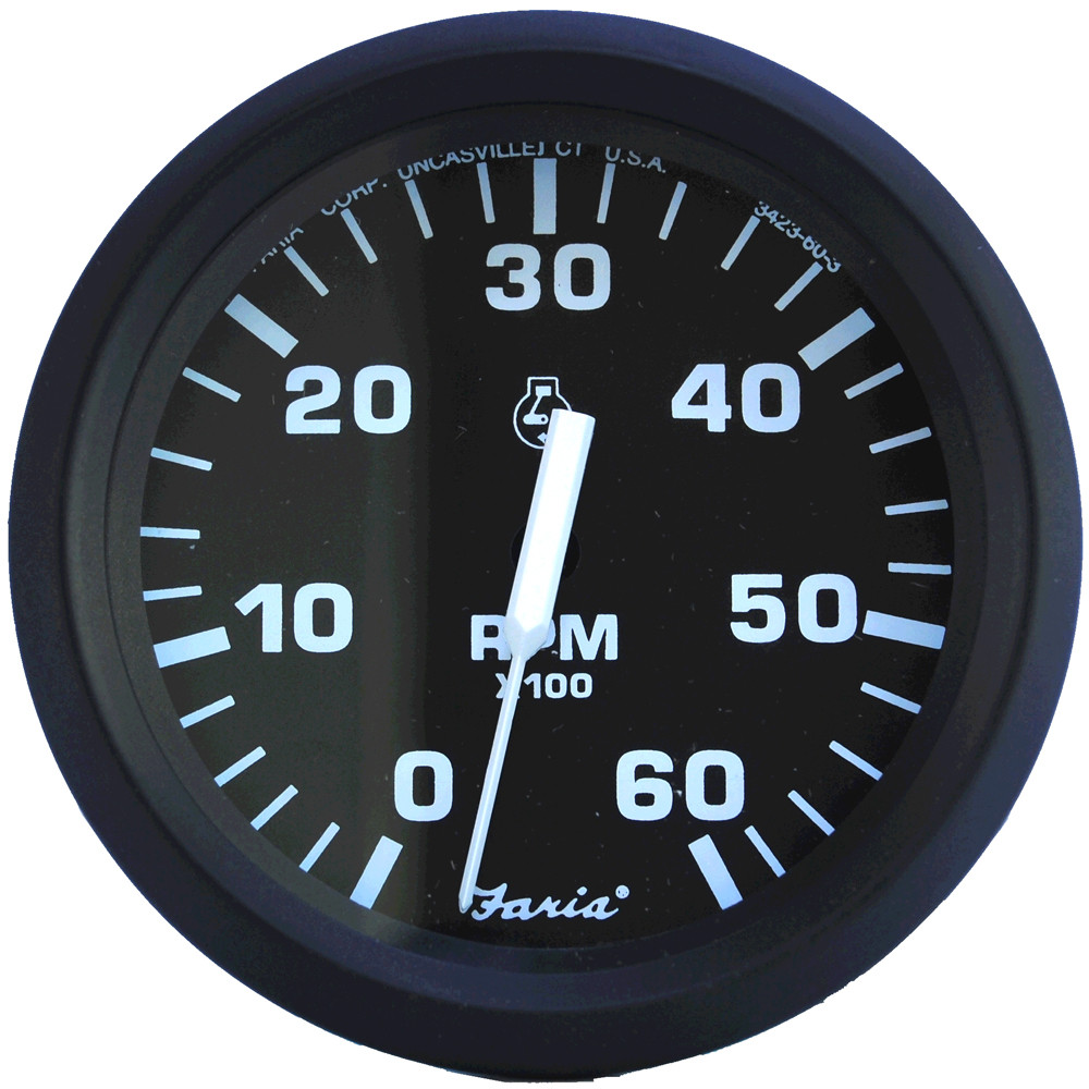 Faria Euro Black 4" Tachometer 6,000 RPM (Gas Inboard & I/O)