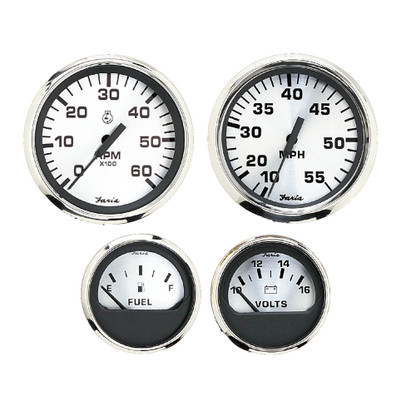 Faria Spun Silver Box Set of 4 Gauges f\/Outboard Engines - Speedometer, Tach, Voltmeter  Fuel Level