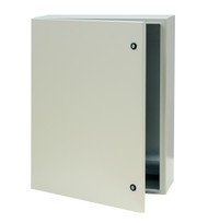 Wall mounted steel enclosure with white background.